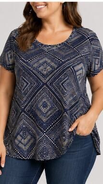 M&Co Plus Women’s Geometric Print Short Sleeve Tunic Top Blue Beige Plus Size 18